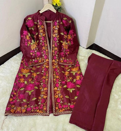 3 Pcs Beautiful Embroidery Suit Shamus Silk With Round Neck