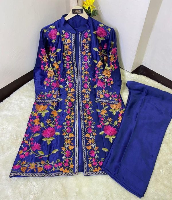 3 Pcs Beautiful Embroidery Suit Shamus Silk With Round Neck